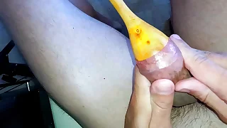 cumming twice with help big spoons inside my big foreskin&period; Fault with a spoon&excl;